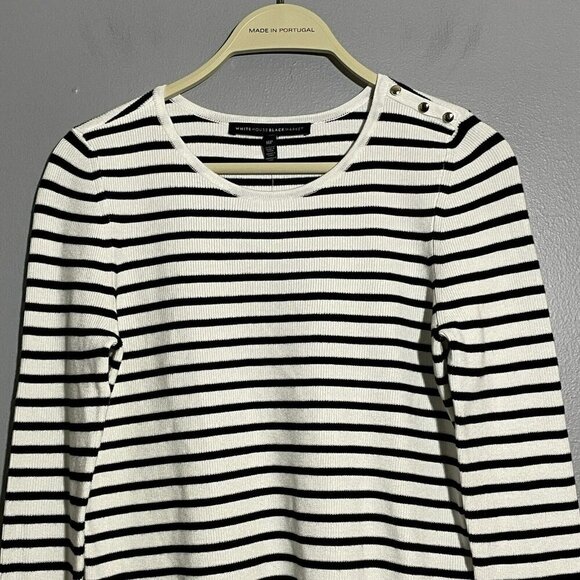 WHBM Sweater White House Black Market Women Size MP Stripe Ruffle Silver Button - Picture 9 of 12